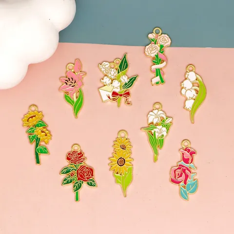 Floral Charms Enamel Zinc Alloy DIY Jewelry Making Pendants Rose Sunflower For Necklaces Bracelets