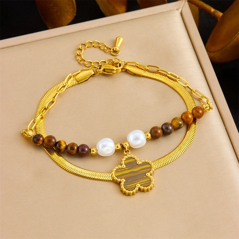Bracciale Doppio Strato Acciaio Occhio Tigre Perla Artificial Catena Perline Serpente Ciondolo Fiore Foglia Vintage Bohemien Donne
