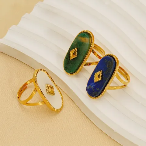Retro French Palace Style Ring Women Stainless Steel Gold Plated Oval Turquoise Shell Adjustable Open Finger Jewelry Vintage