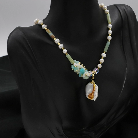 Collier Pendentif Carré en Perle d'Eau Douce Baroque et Amazonite Plaqué Or 18K Bijoux Artisanaux pour Femmes Cadeau Mode