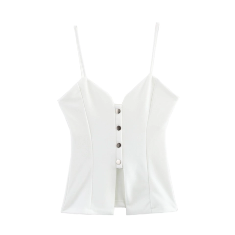Canotta Camisole Bianca Slim Fit Scollo A V Spalline Sottili Bottoni In Metallo Orlo Con Spacco Sexy Streetwear