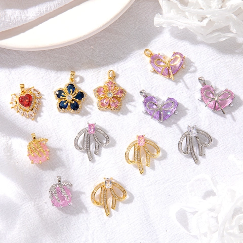 Anhänger Herz Bogen Blume Kupfer Zirkonia Mikropflaster Imitationsperle DIY Halskette Schmuckzubehör Für Damen