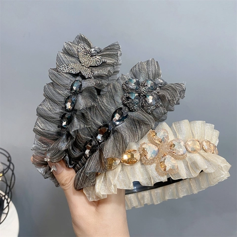 Luxus Plissiertes Strass Stirnband Rüschen Breiter Rand Vintage Barock Elegant Haarschmuck Für Damen
