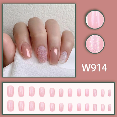 Pink Glitter Press On Nails Aurora Glossy Square Oval Full Cover Wearable False Nails Sweet Elegant INS Style Women