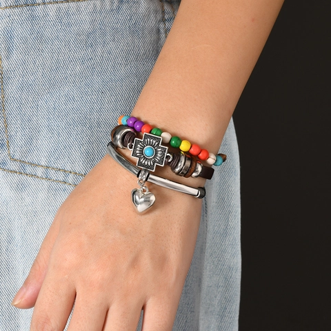 Bohemian Multilayer Leather Bracelet For Men Women Vintage Alloy Turquoise Charm Cowboy Hat Leaf Feather Bead Wristband