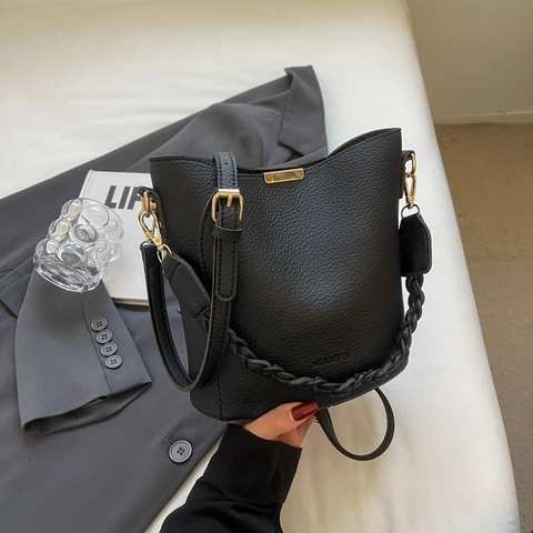 Sac Seau Cuir PU Motif Lychee Poignée Tissée Grande Capacité Bandoulière Réglable Sacoche Pour Femmes