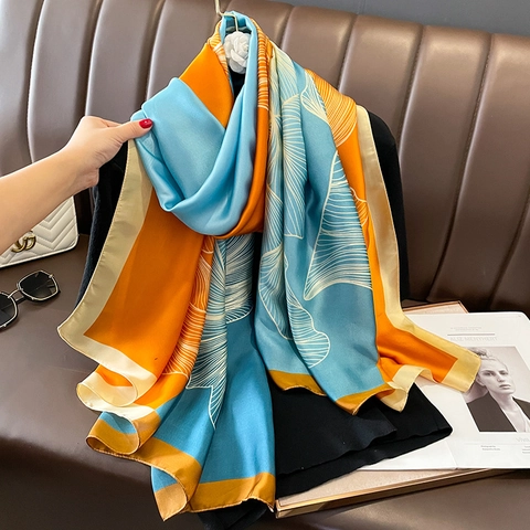 Fashionable Oversized Satin Shawl Scarf Contrast Color Floral Leaf Print Sun Protection Beach Wrap For Women