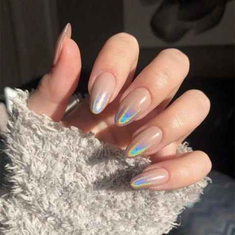 Holografisch Laser Verloop Plaknagels Amandelvorm Nude Roze Glanzende Kunstnagels Voor Dames Feest