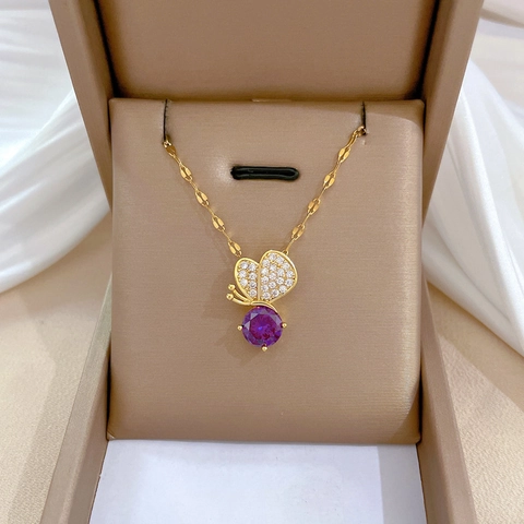 Collana Con Ciondolo A Farfalla Elegante Con Zirconia Cubica Viola Catena In Acciaio Inossidabile Gioielli Di Lusso Per Donne