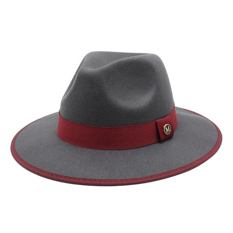 Vintage Wool Felt Fedora Hat Wide Brim British Style Grosgrain Ribbon Band Gold Metal M Buckle Elegant Jazz Cap