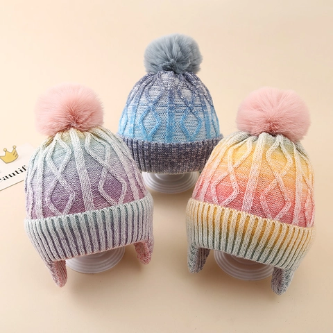 Kids Winter Knit Hat Acrylic Fleece Lined Ear Protection Warm Pom Pom Beanie Tie Dye Gradient