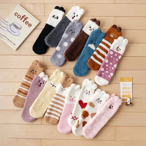 Women Coral Velvet Thick Fuzzy Socks Cute Cartoon Animal Embroidery Winter Warm Sleeping Floor Socks For Home