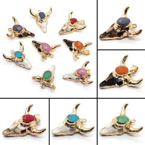 Bull Head Pendant Charms Resin Cow Skull With Inlaid Crystal Plated Metal DIY Jewelry Making Boho Tribal Style