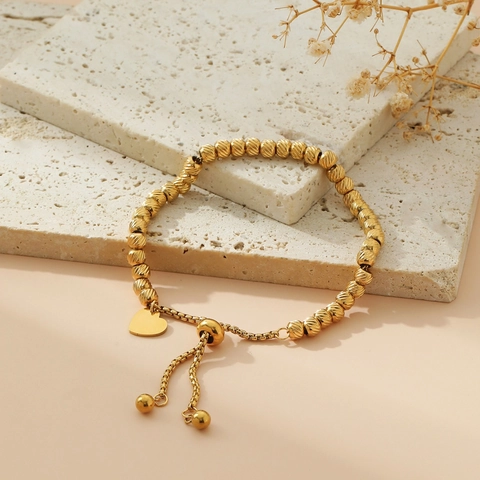 Bracciale Con Perline Regolabile In Acciaio Inossidabile Dorato Con Ciondolo A Cuore Per Uomo E Donna E Perle Di Metallo Testurizzate