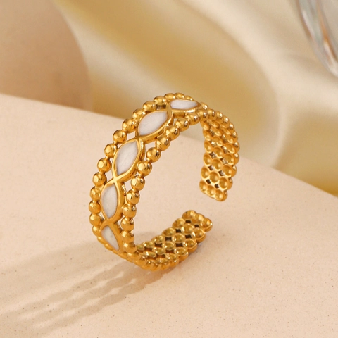 Beaded Edge Adjustable Ring 18K Gold Plated Stainless Steel Marquise Enamel Shell Inlay Retro Bohemian Jewelry For Women