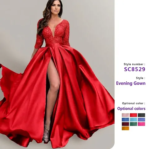 Damen Elegant V Ausschnitt Langarm Pailletten Spitze Satin Abendkleid Hoher Schlitz Bodenlang Party Ballkleid Polyester