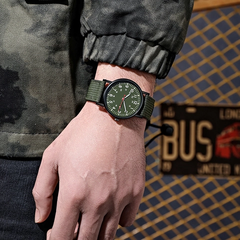 Men Quartz Watch Military Luminous Analog Tactical Sports Outdoor Wristwatch Nylon Braided Strap Alloy Case Round Dial