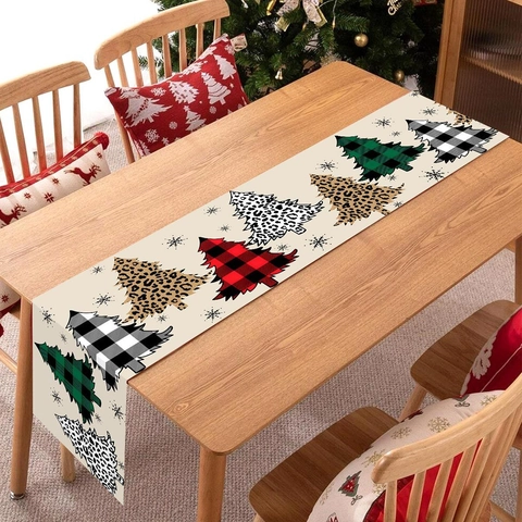 Chemin De Table Noël Polyester Sapin Motif Carreaux Léopard Flocons De Neige Décoration Salle À Manger Fête Beige Rectangulaire