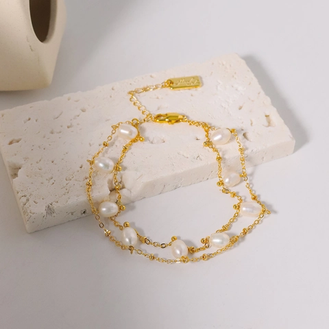 Double Layer Freshwater Pearl Bracelet 18K Gold Plated Minimalist Elegant Chain Bracelet For Women Fashion Jewelry Gift