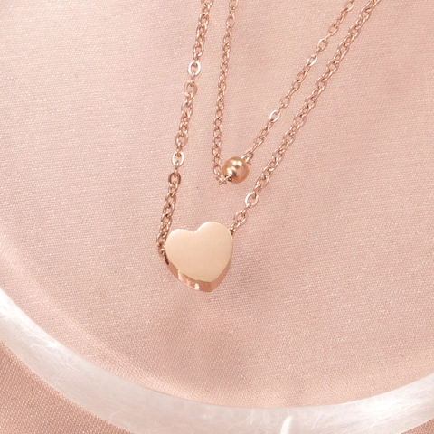 Double Layer Heart Pendant Anklet For Women 304 Stainless Steel Rose Gold Plated Round Beads Minimalist Jewelry