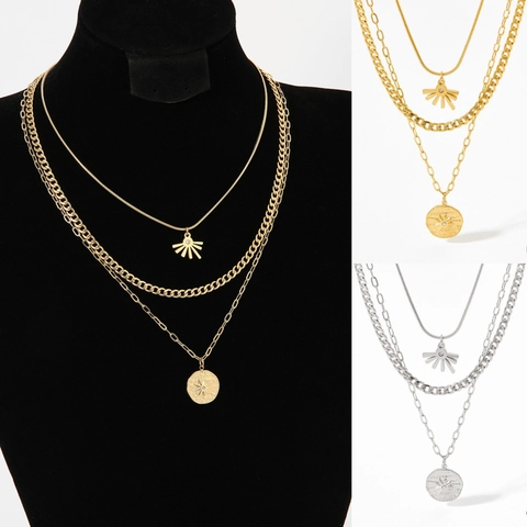 Collier Multi Rangs Acier Inoxydable Strass Soleil Étoile Pendentif Pièce Ronde Plaqué Or 14K Bijoux Bohèmes Femmes
