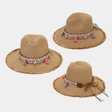 Sombrero De Paja Fedora Bohemio Ala Ancha Deshilachada Concha Borla Étnico Verano Playa Vacaciones Mujeres