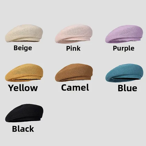 Women Summer Knit Beret Hat Breathable Linen Hollow Out Painter Hat Solid Color Versatile Foldable Thin Artist Cap
