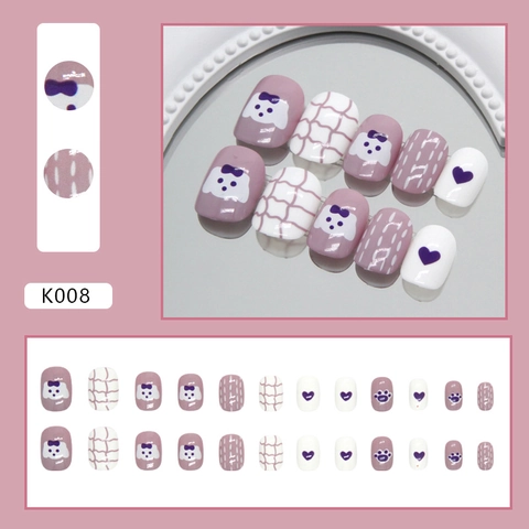Press On Nails Cute Cartoon Dog Heart Grid Pattern Artificial Fake Nails Sweet Style For Women Kids