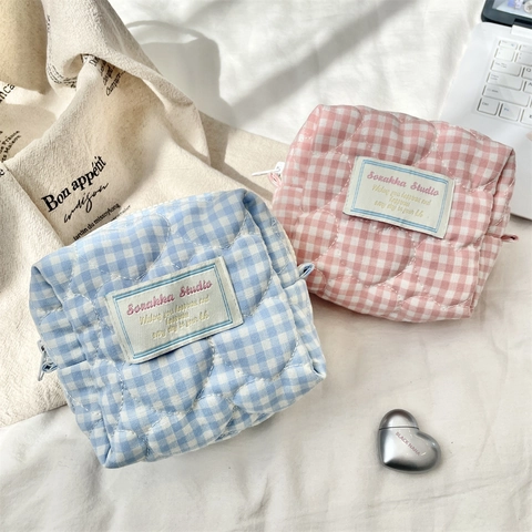 Quilted Gingham Cosmetic Bag Heart Pattern Cotton Makeup Storage Pouch Portable Sanitary Napkin Organizer Ins Style
