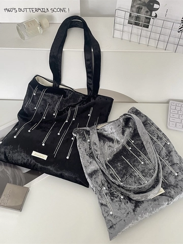 Velvet Tote Bag For Women Large Capacity Shoulder Bag With Artificial Pearls And Vertical Stitching Vintage Style Handbag