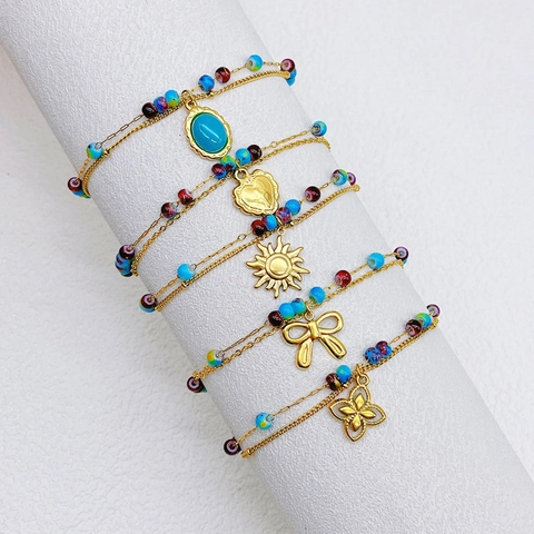 Braccialetto di Perline in Acciaio Inossidabile Vintage Francese per Donna Bracciale Doppio Strato Boemo Ciondolo Cuore Fiocco Sole