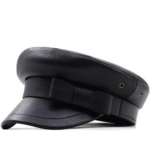 Women PU Leather Newsboy Cap Vintage Fiddler Hat With Bowknot And Metal Eyelets Fashion Flat Top Sailor Beret