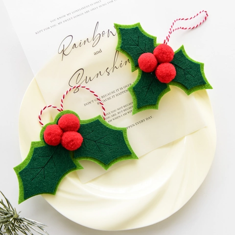 Ornamenti Appesi Di Natale Foglie Di Agrifoglio In Feltro Bacche Rosse Ciondoli Fiocco Per Albero Di Natale Decorazione Festa