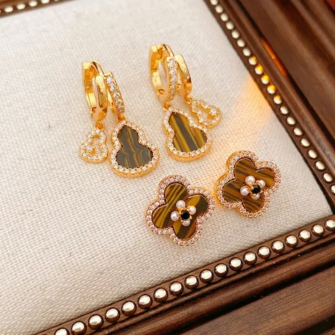 Vintage Gourd Flower Hoop Earrings Zircon Tiger Eye Stone Artificial Pearl Gold Copper Jewelry With Silver Earring Post For Women