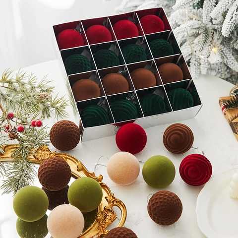 Christmas Ball Ornaments Flocked Velvet Plastic Geometric Textures Festive Tree Hanging Decorations Vintage Multi Color