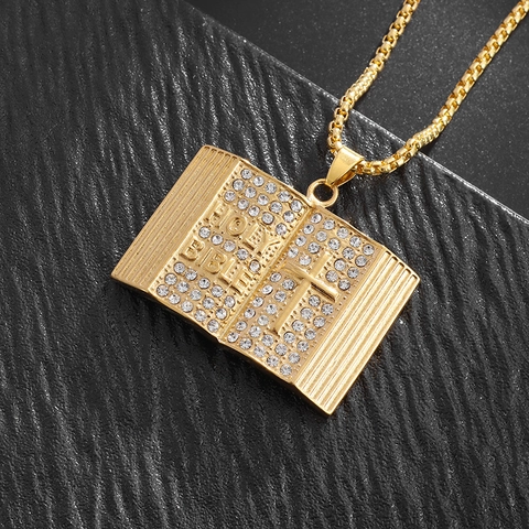 Collar Con Colgante De Libro De La Santa Biblia Con Diamantes De Imitación Aleación Chapada En Oro 18K Joyería Cruz