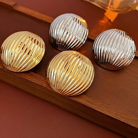 Striped Spherical Stud Earrings Metal Ribbed Ball Design With Silver Earring Post Minimalist Fashion Jewelry For Women