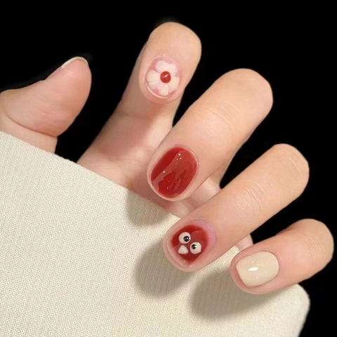 Unghie Finte In Resina Con Motivo Uccello Fiori Cartone Animato Corte Tonde Con Colla Per Manicure Donna