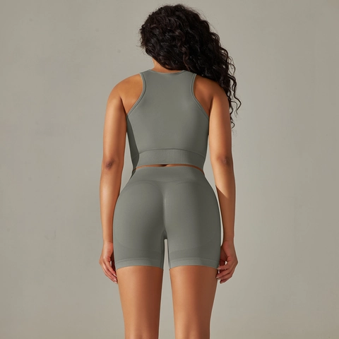 Ensemble De Yoga Sans Couture Femmes Tenues D'Entraînement Côtelées Shorts Taille Haute Débardeur Gym Fitness Course