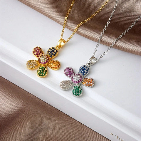 Collana Con Pendente A Girasole Con Zirconi Colorati Micro Pavé Rame Catena In Acciaio Al Titanio Gioielli Di Lusso Per Donna