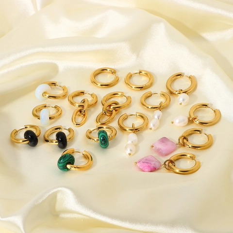 Orecchini a Cerchio in Acciaio Inossidabile Placcato Oro 18K per Donna Con Pendenti in Perla Artificiale E Pietra Gioielli