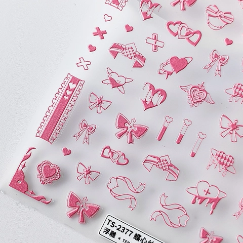 5D Embossed Nail Art Stickers Relief Pink Heart Bow Lace Design Self Adhesive Textured DIY Manicure Decals