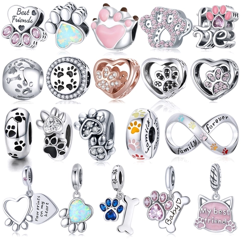 925 Sterling Silver Pet Paw Print Heart Charms For DIY Bracelet Cute Animal Footprint Zirconia Beads Jewelry Making Findings Women Gift