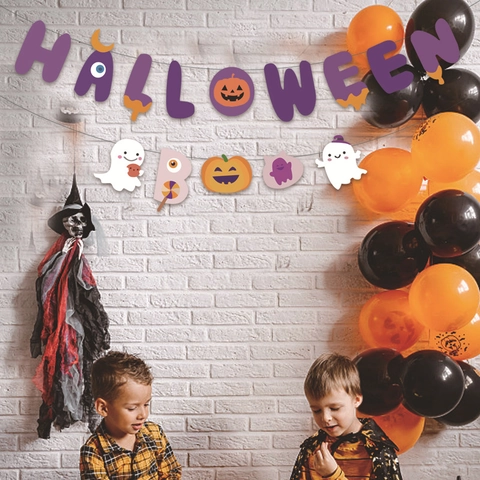 Purple Glitter Paper Halloween Banner Halloween Boo Ghost Pumpkin Letters Bunting Hanging Banners Festival Party Decoration