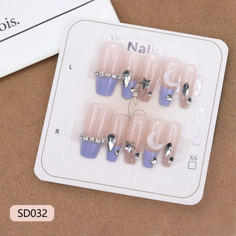 Handgemachte Künstliche Nägel Violett French Tip Strass Stern Mond Glitzer Ballerina Form Süß Elegant Kunststoff