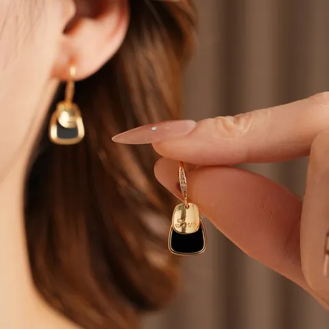 French Vintage Copper Drop Earrings Silver Earring Post Black Enamel Square Love Engraved Rhinestone Luxury For Women