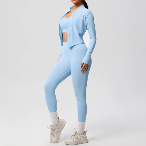 Ensemble de Yoga 3 Pièces Gratté pour Femmes Veste Zippée Brassière de Sport Leggings Taille Haute Survêtement de Sport