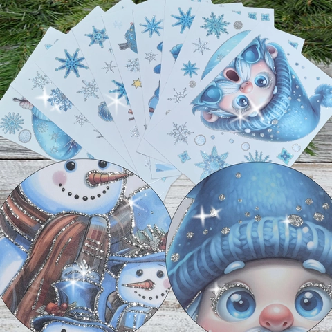 Christmas Window Stickers Static Cling PVC Glitter Blue Snowman Gnomes Winter Holiday Decoration Glass Decals Reusable