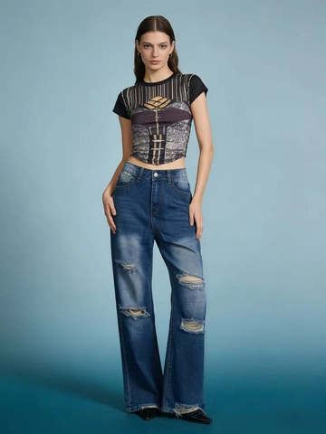Damen High Waist Jeans Distressed Ripped Hole Washed Baumwolle Denim Wide Leg Gerade Hose Casual Streetwear