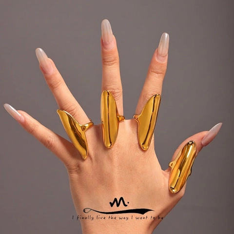 Stainless Steel Irregular Long Open Ring Polished Geometric Liquid Texture Avant-Garde Minimalist For Women